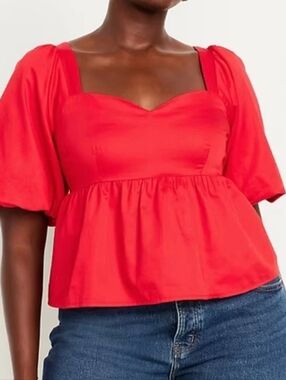 Old Navy Women's Bright Red Square-Neck Babydoll Top with Puff Sleeves